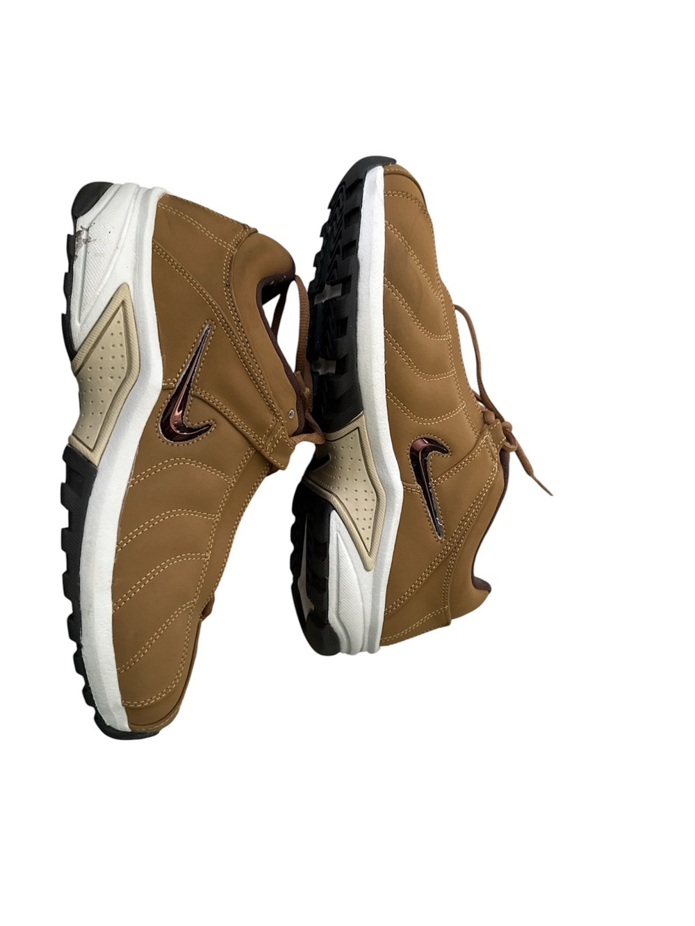 Nike Men’s Brown and White Sneakers with Metallic Bronze Swoosh
